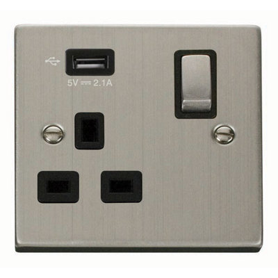 B&Q - Stainless Steel 1 Gang 13A Dp Ingot 1 Usb Switched Plug SocketBlack TrimSe Home