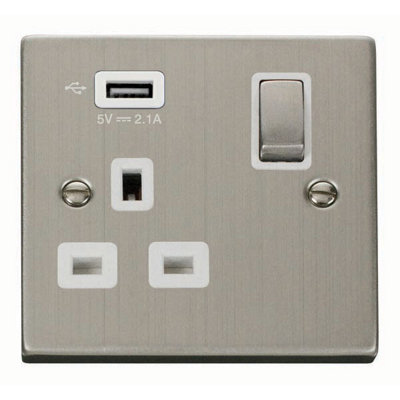 Stainless Steel 1 Gang 13A Dp Ingot 1 Usb Switched Plug SocketWhite TrimSe Home