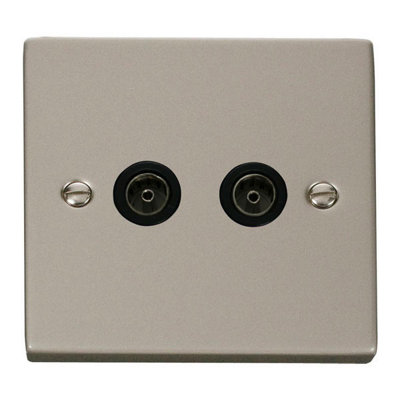 Pearl Nickel 2 Gang Twin Coaxial Tv SocketBlack TrimSe Home from B&Q