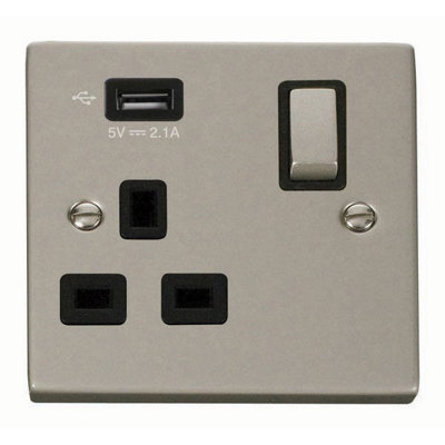 Pearl Nickel 1 Gang 13A Dp Ingot 1 Usb Switched Plug SocketBlack TrimSe Home