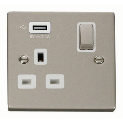 Pearl Nickel 1 Gang 13A Dp Ingot 1 Usb Switched Plug SocketWhite TrimSe Home