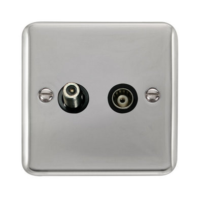 Curved Polished Chrome Satellite And Isolated Coaxial 1 Gang SocketBlack TrimSe Home from B&Q