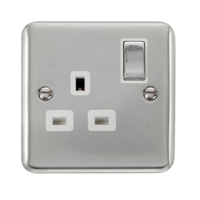 Curved Polished Chrome 1 Gang 13A Dp Ingot Switched Plug SocketWhite TrimSe Home