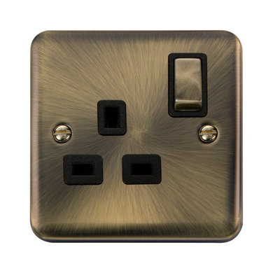 Curved Antique Brass 1 Gang 13A Dp Ingot Switched Plug SocketBlack TrimSe Home