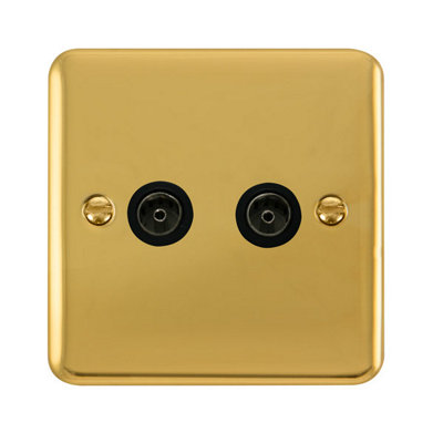 Curved Polished Brass 2 Gang Twin Coaxial Tv SocketBlack TrimSe Home