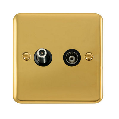 Curved Polished Brass Satellite And Isolated Coaxial 1 Gang SocketBlack TrimSe Home from B&Q