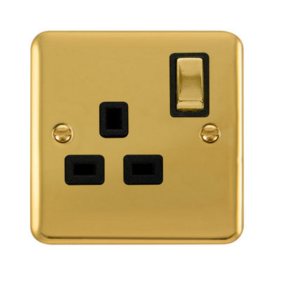 Curved Polished Brass 1 Gang 13A Dp Ingot Switched Plug SocketBlack TrimSe Home
