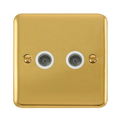 B&Q - Curved Polished Brass 2 Gang Twin Coaxial Tv SocketWhite TrimSe Home