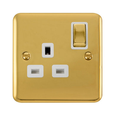 Curved Polished Brass 1 Gang 13A Dp Ingot Switched Plug SocketWhite TrimSe Home