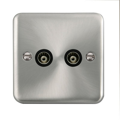 Curved Satin / Brushed Chrome Twin Isolated Coaxial SocketBlack TrimSe Home from B&Q