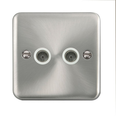 B&Q - Our Curved Edge Satin / Brushed Chrome 2 Gang Twin Coaxial Tv SocketWhite TrimSe Home