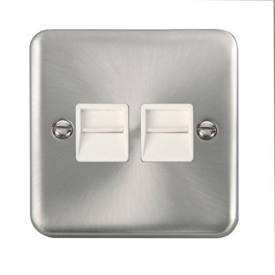 Our Curved Edge Satin / Brushed Chrome Secondary Telephone Twin SocketWhite TrimSe Home from B&Q
