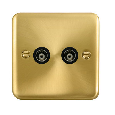 Curved Satin / Brushed Brass Twin Isolated Coaxial SocketBlack TrimSe Home from B&Q