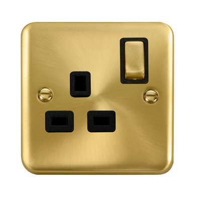 Curved Satin / Brushed Brass 1 Gang 13A Dp Ingot Switched Plug SocketBlack TrimSe Home