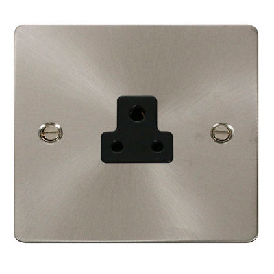 Flat Plate Satin / Brushed Chrome 1 Gang 2A Round Pin SocketBlack TrimSe Home