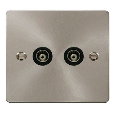 B&Q - Flat Plate Satin / Brushed Chrome Twin Isolated Coaxial SocketBlack TrimSe Home