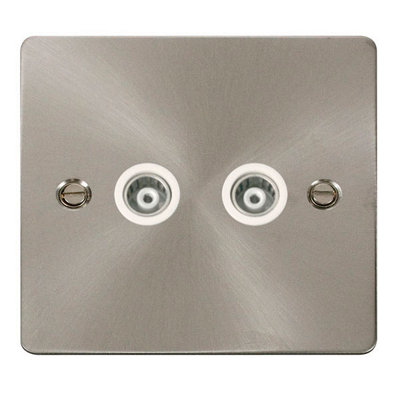 B&Q - Flat Plate Satin / Brushed Chrome Twin Isolated Coaxial SocketWhite TrimSe Home