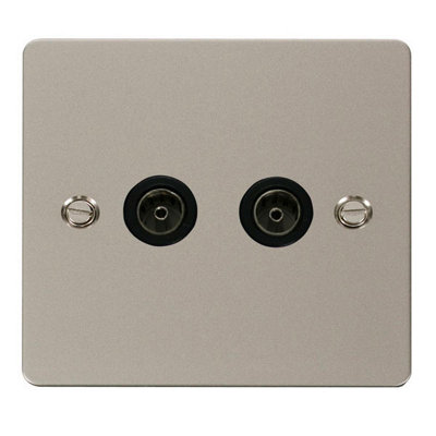 Flat Plate Pearl Nickel 2 Gang Twin Coaxial Tv SocketBlack TrimSe Home from B&Q