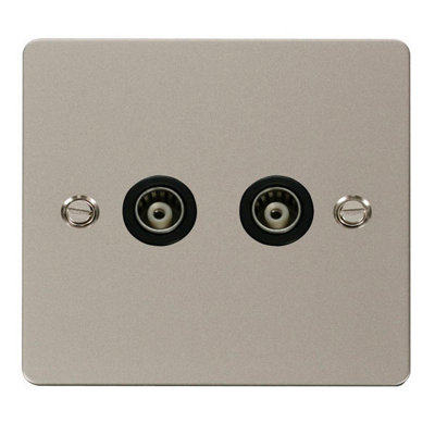 Flat Plate Pearl Nickel Twin Isolated Coaxial SocketBlack TrimSe Home from B&Q