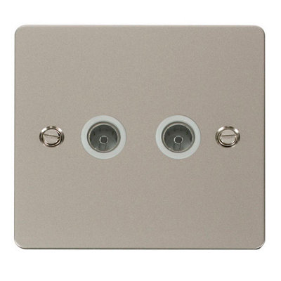 B&Q - Flat Plate Pearl Nickel 2 Gang Twin Coaxial Tv SocketWhite TrimSe Home