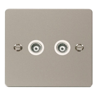 B&Q - Flat Plate Pearl Nickel Twin Isolated Coaxial SocketWhite TrimSe Home