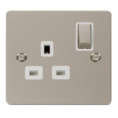 Flat Plate Pearl Nickel 1 Gang 13A Dp Ingot Switched Plug SocketWhite TrimSe Home