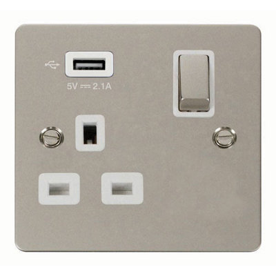 Flat Plate Pearl Nickel 1 Gang 13A Dp Ingot 1 Usb Switched Plug SocketWhite TrimSe Home