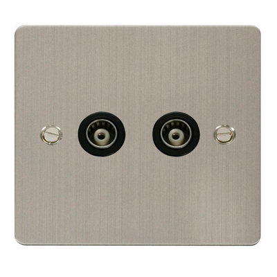 Flat Plate Stainless Steel Twin Isolated Coaxial SocketBlack TrimSe Home from B&Q