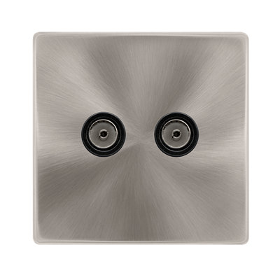 Brushed Steel Screwless Plate 2 Gang Twin Coaxial Tv SocketBlack TrimSe Home