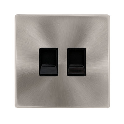 Brushed Steel Screwless Plate Secondary Telephone Twin SocketBlack TrimSe Home from B&Q