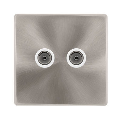 B&Q - Brushed Steel Screwless Plate 2 Gang Twin Coaxial Tv SocketWhite TrimSe Home