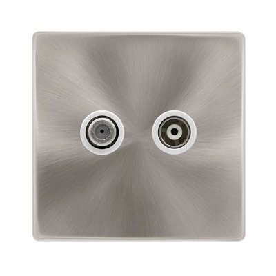 Brushed Steel Screwless Plate Satellite And Isolated Coaxial 1 Gang SocketWhite TrimSe Home from B&Q
