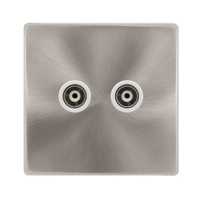 B&Q - Brushed Steel Screwless Plate Twin Isolated Coaxial SocketWhite TrimSe Home
