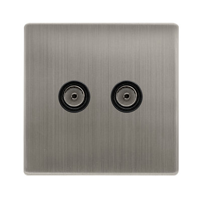 Stainless Steel Screwless Plate 2 Gang Twin Coaxial Tv SocketBlack TrimSe Home
