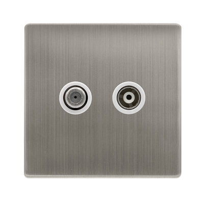 B&Q - Stainless Steel Screwless Plate Satellite And Isolated Coaxial 1 Gang SocketWhite TrimSe Home