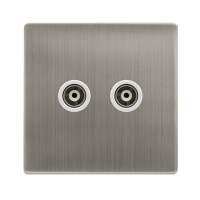 B&Q - Stainless Steel Screwless Plate Twin Isolated Coaxial SocketWhite TrimSe Home