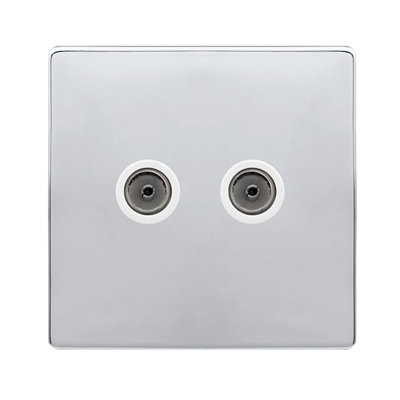 B&Q - Polished Chrome Screwless Plate 2 Gang Twin Coaxial Tv SocketWhite TrimSe Home