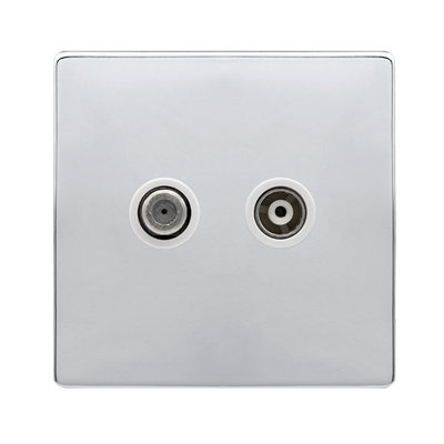 B&Q - Polished Chrome Screwless Plate Satellite And Isolated Coaxial 1 Gang SocketWhite TrimSe Home