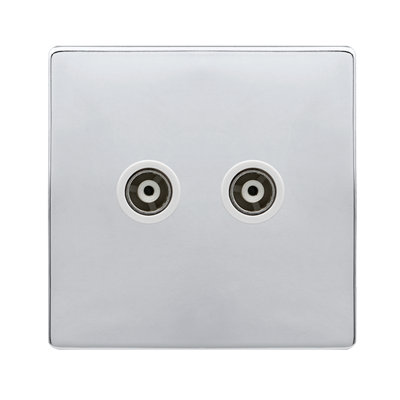 B&Q - Polished Chrome Screwless Plate Twin Isolated Coaxial SocketWhite TrimSe Home
