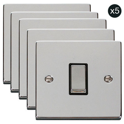 B&Q - 5 PackPolished Chrome 10A 1 Gang 2 Way Ingot Light SwitchBlack TrimSe Home