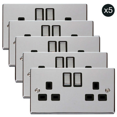 B&Q - 5 PackPolished Chrome 2 Gang 13A Dp Ingot Twin Double Switched Plug SocketBlack TrimSe Home