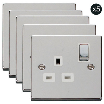 5 PackPolished Chrome 1 Gang 13A Dp Ingot Switched Plug SocketWhite TrimSe Home
