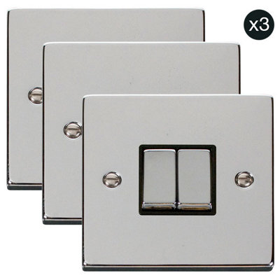B&Q - 3 PackPolished Chrome 10A 2 Gang 2 Way Ingot Light SwitchBlack TrimSe Home
