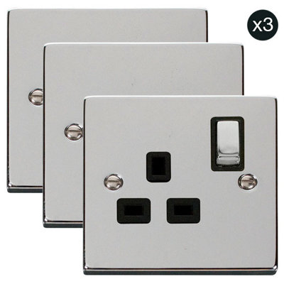 3 PackPolished Chrome 1 Gang 13A Dp Ingot Switched Plug SocketBlack TrimSe Home