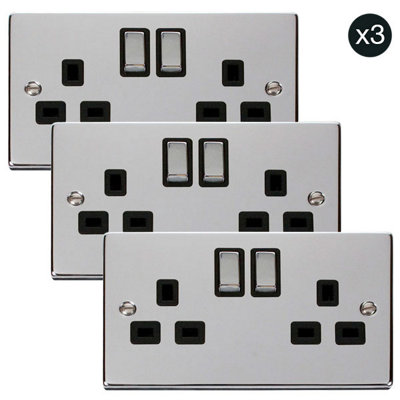 B&Q - 3 PackPolished Chrome 2 Gang 13A Dp Ingot Twin Double Switched Plug SocketBlack TrimSe Home