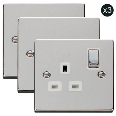 3 PackPolished Chrome 1 Gang 13A Dp Ingot Switched Plug SocketWhite TrimSe Home
