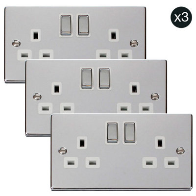3 PackPolished Chrome 2 Gang 13A Dp Ingot Twin Double Switched Plug SocketWhite TrimSe Home