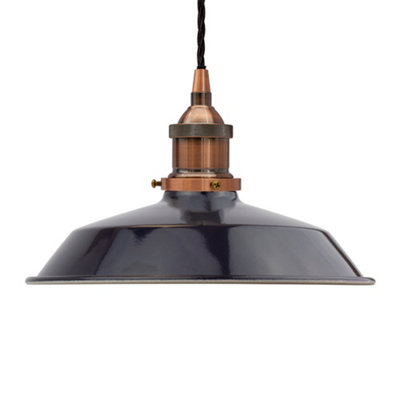 Navy Blue Small Trinity Metal Painted Dome Pendant Light With Antique Copper Lamp Holder And Black Twisted CableSe Home from B&Q