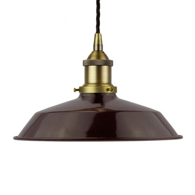 Burgundy Red Small Trinity Metal Painted Dome Pendant Light With Matt Antique Brass Lamp Holder And Black Twisted CableSe Home from B&Q