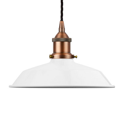 White Small Trinity Metal Painted Dome Pendant Light With Matt Antique Copper Lamp Holder And Black Twisted CableSe Home from B&Q
